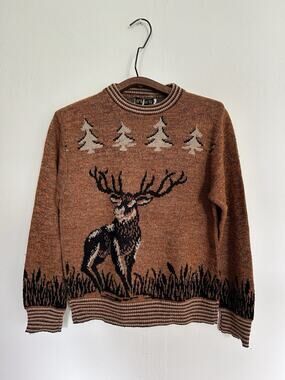 Vintage 1960s McBriar Sportswear Orange Novelty Moose Sweater Acrylic EUC Size M